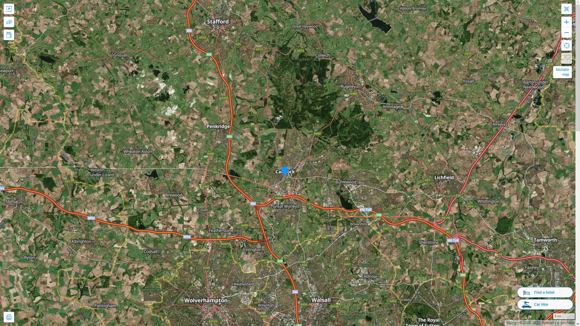 Cannock Highway and Road Map with Satellite View